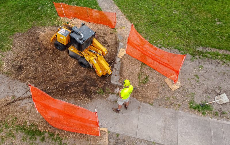 Aerial view of a stump grinder working on a residential lawn with orange safety fencing around the job